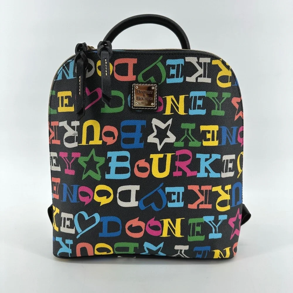 Dooney & Bourke Zip Pod Backpack Black Multi Colorful Logo BDDLC0973 MKBL NEW
